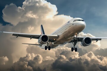 Naklejka premium A commercial airliner soaring through white puffy clouds, with a clear blue horizon in the background