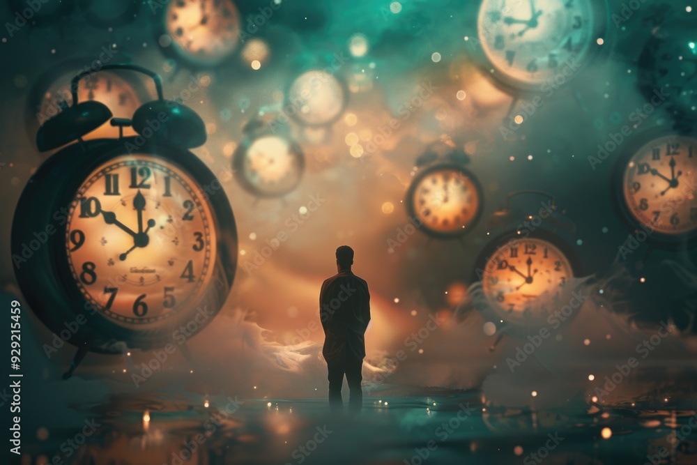 Poster A person standing next to multiple clocks, potentially indicating time or timing