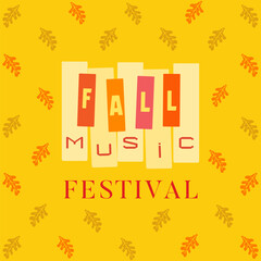 Fall Music Festival vector design element. Colorful autumn falling leaves foliage background. Piano keyboard cute cartoon. Autumn Fall season Fest live event, music concert performance illustration