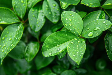 Close-up of raindrops on vibrant green leaves, highlighting the freshness and beauty of nature during a rain shower.