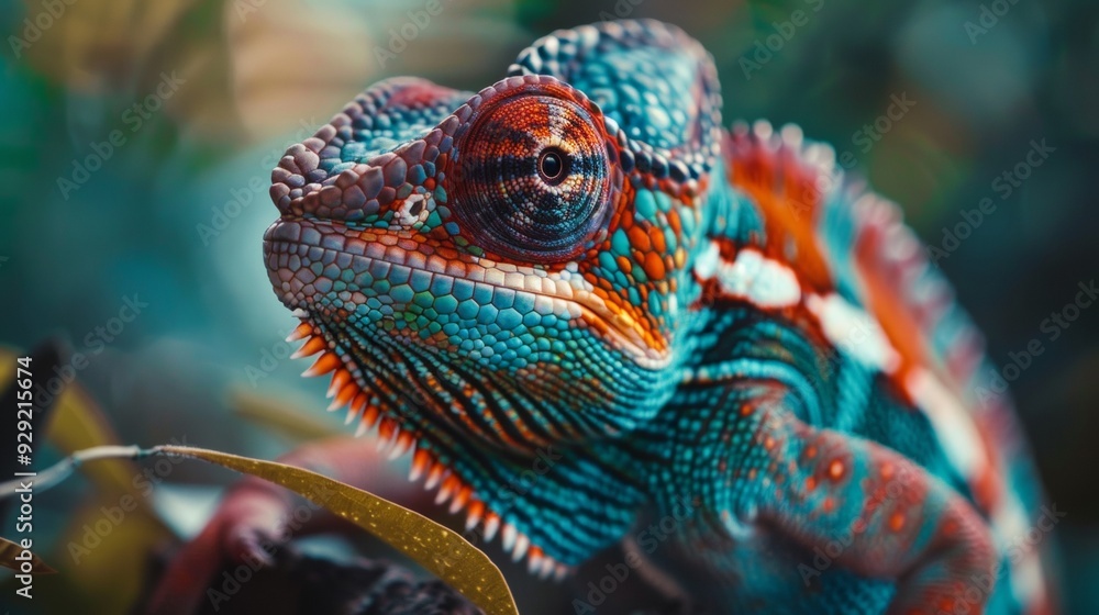 Poster a vibrant chameleon with multicolored scales perched on a branch, showcasing its vivid patterns agai