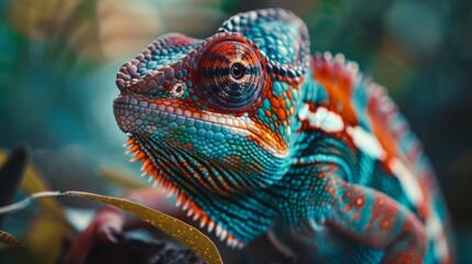 A vibrant chameleon with multicolored scales perched on a branch, showcasing its vivid patterns against a dark, leafy background.