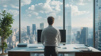 Businessman Looking at Cityscape from Office Window