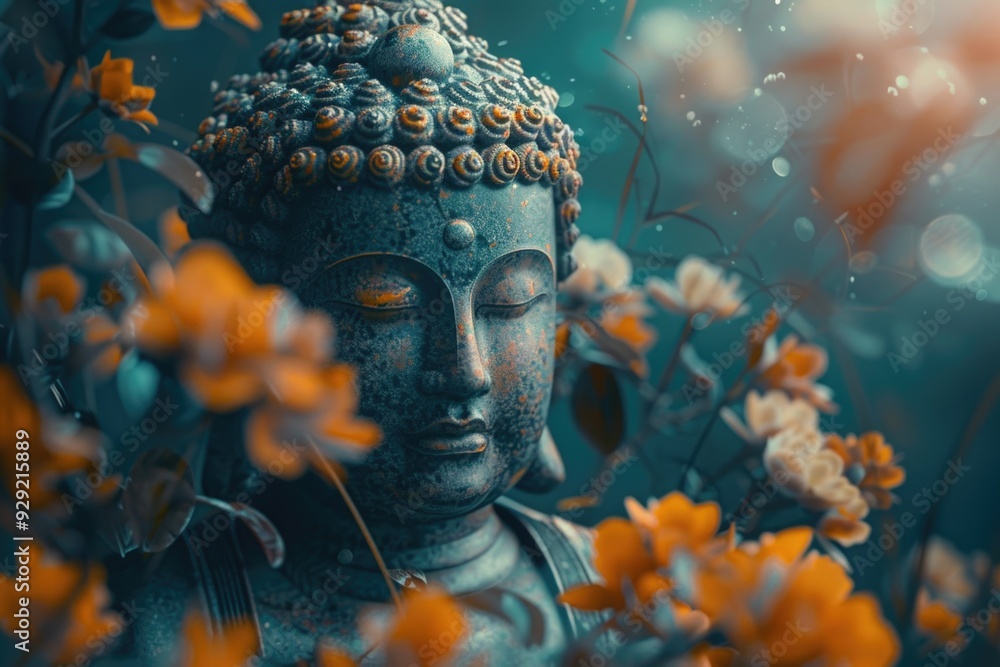 Poster a close-up view of a statue surrounded by flowers