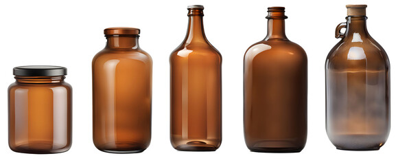 Conjunto de frascos de vidro marrom, frascos vintages e garrafas de vinho antigo isolado em fundo transparente 