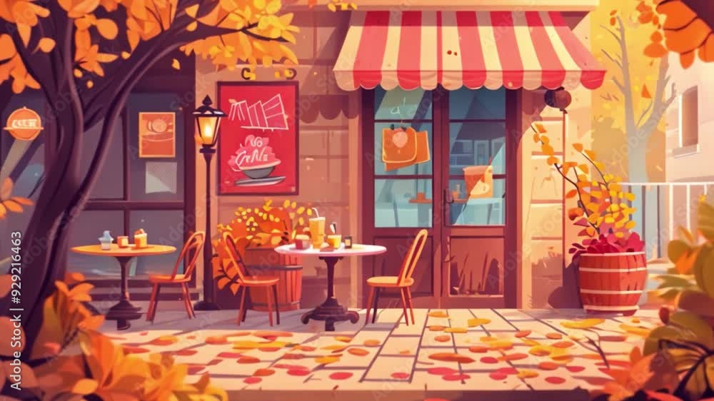 Poster A cafe with a striped awning sits on a street corner in the fall. Outside tables are empty but there are drinks and pastries on a table.