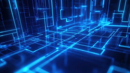 A futuristic blue digital landscape with glowing lines and geometric patterns.