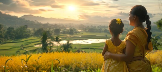 Fototapeta premium Mother and Daughter Enjoying Golden Hour over Lush Rice Paddies, Embracing Natures Beauty