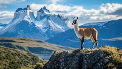 Guanaco stands on a rocky peak overlooking mountains.