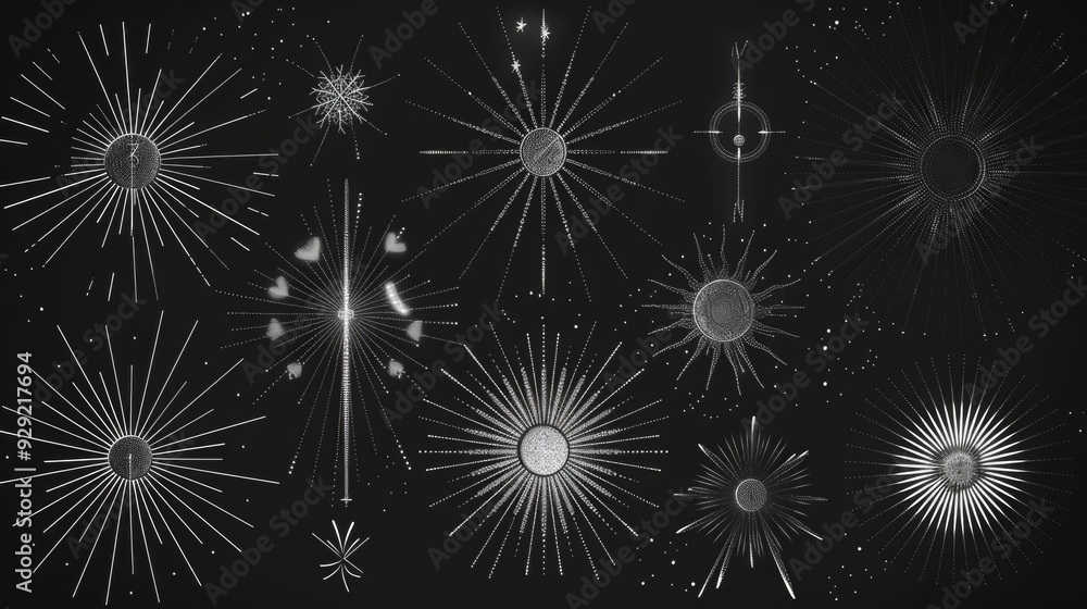 Poster a variety of fireworks exploding on a dark background, perfect for use in scenes about celebrations 