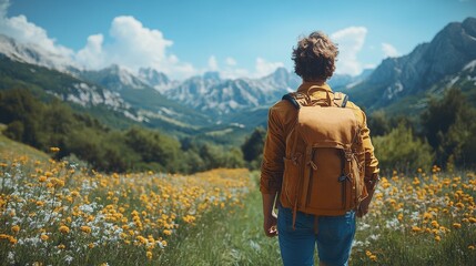 Naklejka premium Hiker with Backpack Walking Through Flower-Filled Meadow Towards Mountain Range for Nature Exploration and Adventure