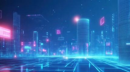 A futuristic cityscape with glowing neon elements and a digital atmosphere.