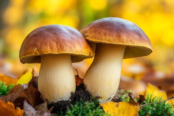 Fototapeta premium A beautiful closeup view of two mushrooms positioned against a vibrant and colorful autumn backdrop of nature