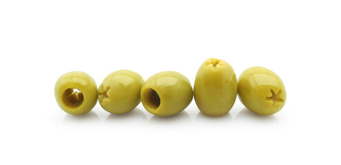 Natural green pitted olives in a row isolated on white background close-up  