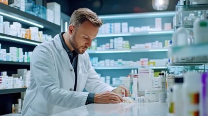 Pharmacist in a modern pharmacy, carefully preparing medication behind the counter. Shelves stocked with various pharmaceutical products line the background, indicating a well-organized and well-stock
