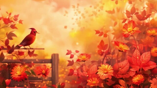 A vibrant red cardinal perched on a wooden fence rail, surrounded by red and orange leaves and flowers in a fall garden.