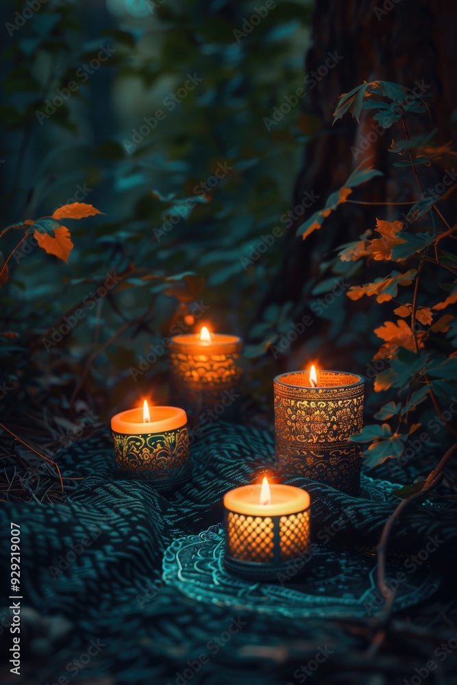 Poster three lit candles in a serene forest setting