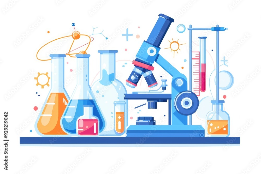 Poster Microscope, test tubes, and flasks in a science laboratory setting