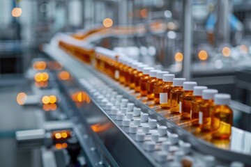 Obraz premium Conveyor belt carrying bottles of orange liquid