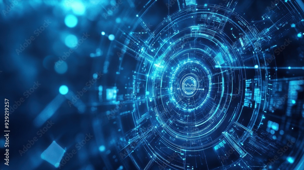 Aufkleber a futuristic digital interface with glowing blue elements and circular patterns.