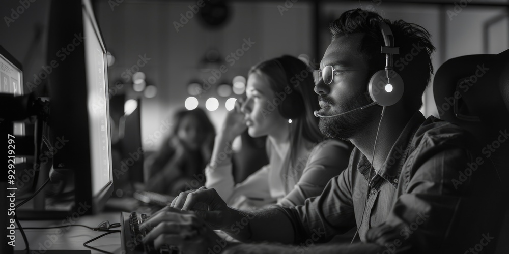 Poster A group of people sitting together in front of their computers, possibly collaborating or working together