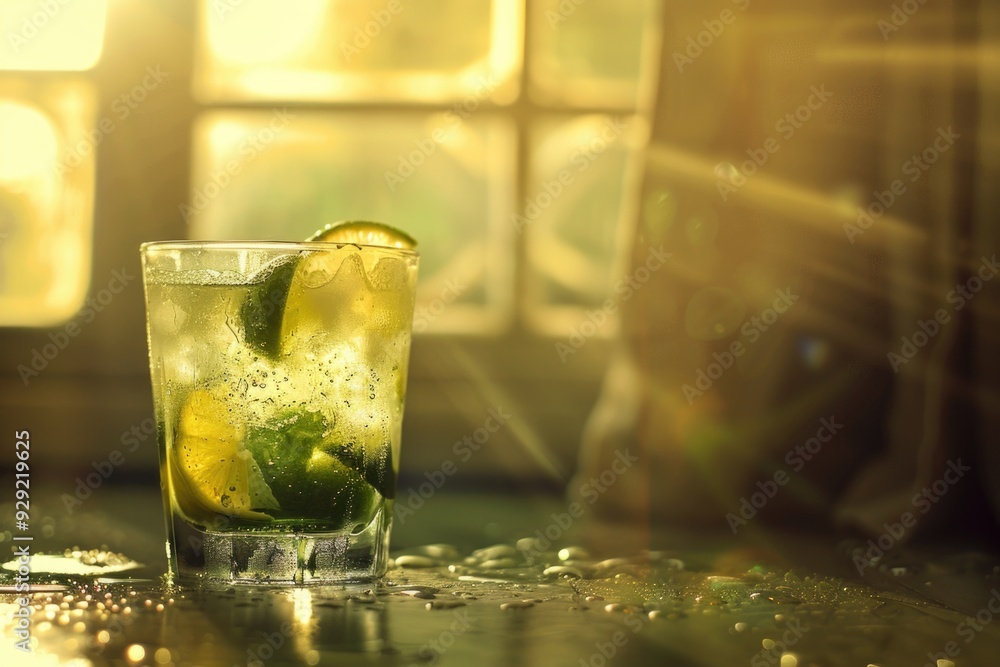 Poster a refreshing drink with a slice of citrus, perfect for hot summer days