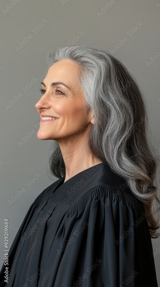 Sticker A woman in a black robe with gray hair smiling, AI