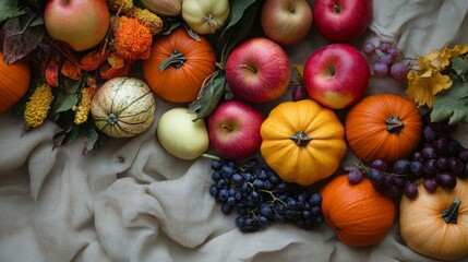 A vibrant display of apples, pumpkins, and grapes arranged on textured fabric with autumn foliage.