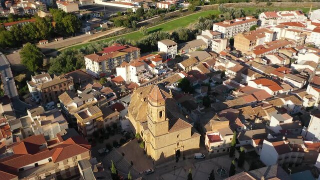 Aerial 4K video from drone to city of Loja and Church of the Incarnation with Moorish Alcazaba and Gorda Peak at Loja ,Granada, Andalusia, Spain, Europe (Series)