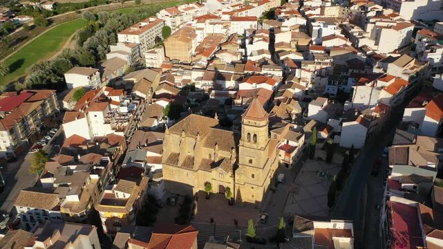 Aerial 4K video from drone to city of Loja and Church of the Incarnation with Moorish Alcazaba and Gorda Peak at Loja ,Granada, Andalusia, Spain, Europe (Series)
