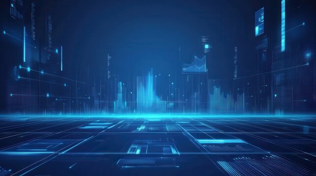 A futuristic digital landscape with blue tones, representing data visualization and technology.