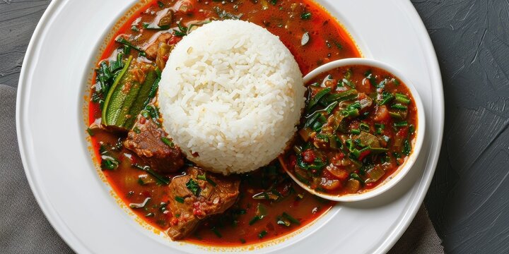 Top view of Nigerian okra soup and stew with eba in a white plate