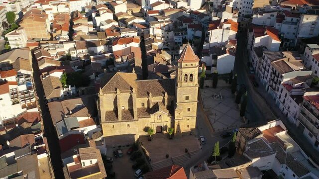 Aerial 4K video from drone to city of Loja and Church of the Incarnation with Moorish Alcazaba and Gorda Peak at Loja ,Granada, Andalusia, Spain, Europe (Series)