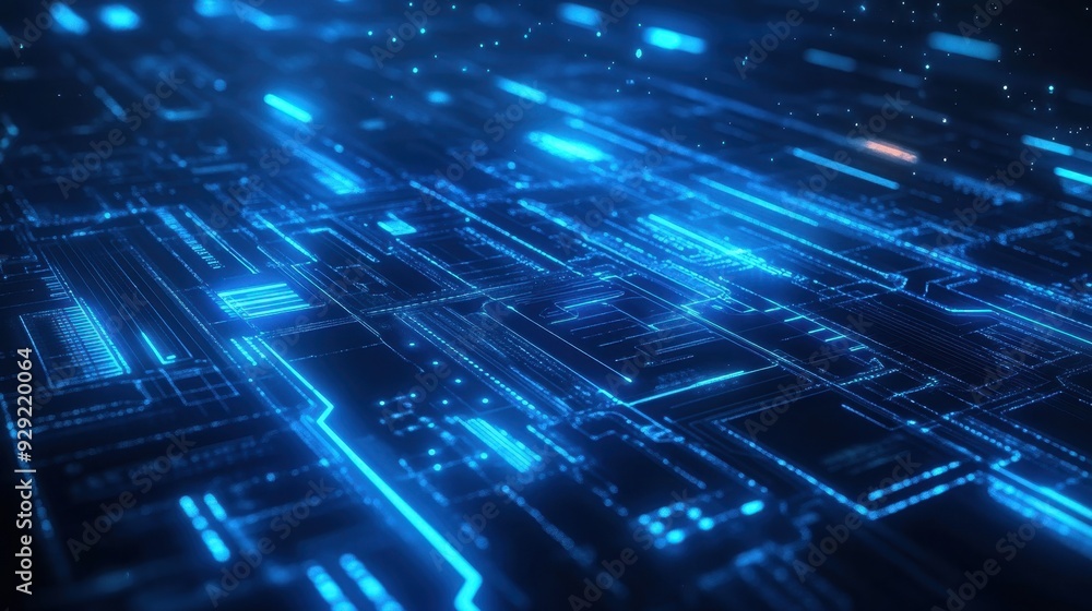 Aufkleber a futuristic digital landscape with glowing blue circuit patterns and data flows.