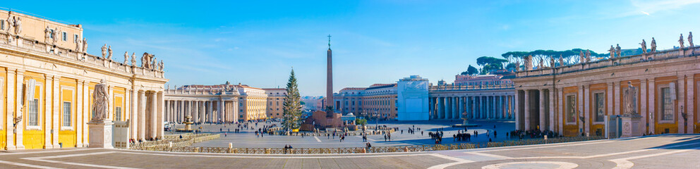 Panorama of Saint Peter's Square with Doric colonnade and Vatican obelisk in the middle, Vatican...