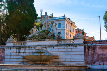 Neptune Fountain (Fontana del Nettuno) on Piazaa del Popolo in Rome, Italy