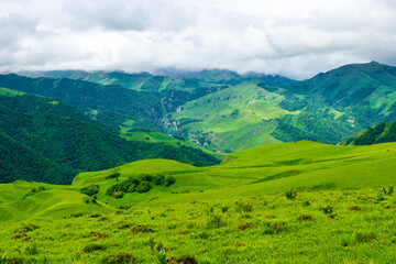 Beautiful view of the green slopes of the canyon in a mountainous area in cloudy weather. Caucasus.