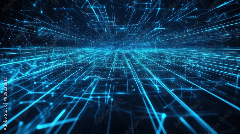 Poster a futuristic digital landscape with glowing blue lines representing data flow and connectivity.