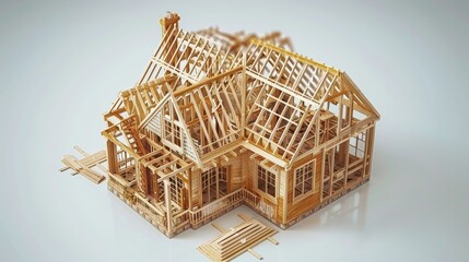 A miniature model of a wooden houses skeletal frame and timbers during the construction phase.