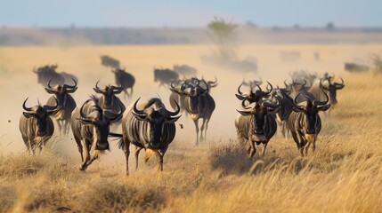 A dynamic shot of a wildebeest herd running through the dry savanna, kicking up dust, embodying the power of wildlife in motion.