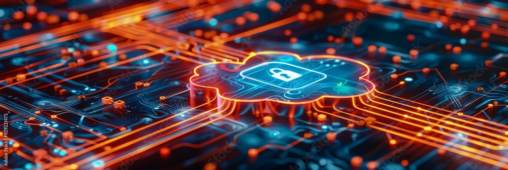 Poster cloud computing security a glowing cloud icon with a padlock symbol on a circuit board