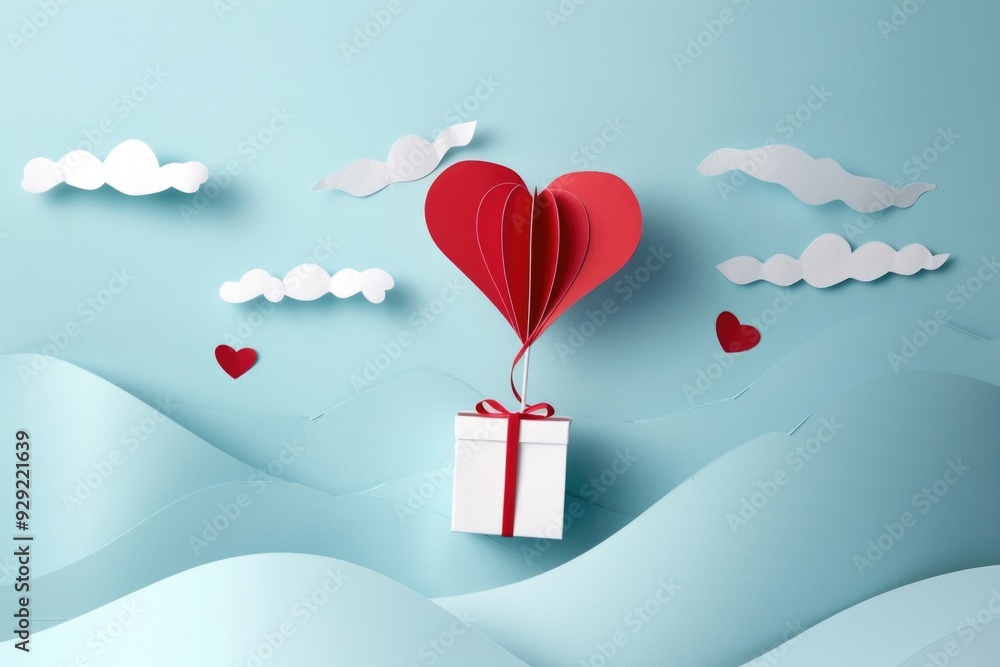 Poster A floating red heart-shaped balloon with a gift box, perfect for birthday or Valentine's Day celebrations