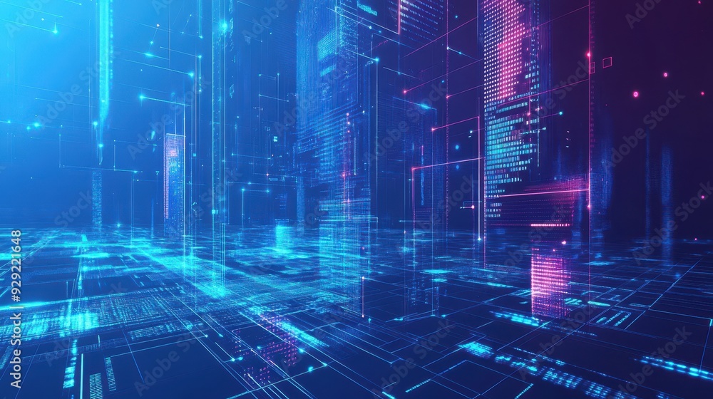 Poster a futuristic digital landscape with glowing lines and data streams.