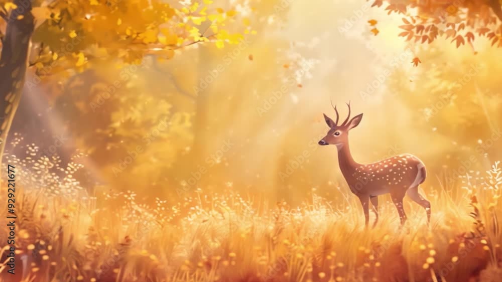 Poster a single deer stands in a field of tall grass surrounded by trees with golden leaves.