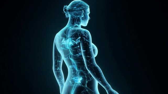 Holographic human body isolated on black background. Medicine and technology concept. Ai-generated.