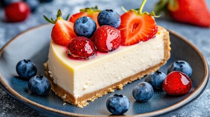 A piece of a slice of cheesecake with berries on top, AI