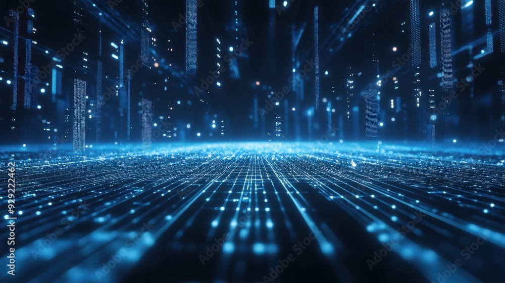 Poster a futuristic digital landscape with glowing lines and structures, evoking technology and data flow.