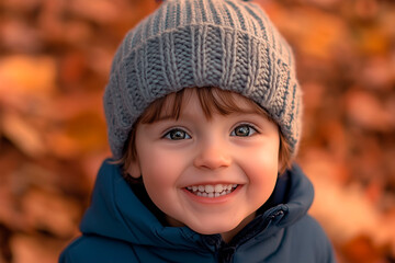Smiling child in a gray knit hat enjoying autumn outdoors