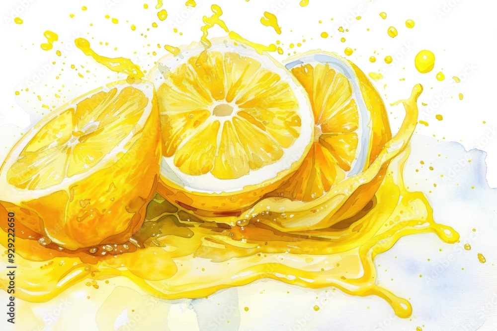 Poster fresh lemon juice. watercolor illustration of juicy citrous fruit in glass