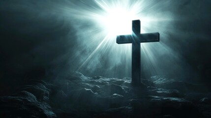 Naklejka premium cross of jesus christ on sorrow darkness and bright light and rays background with generative ai